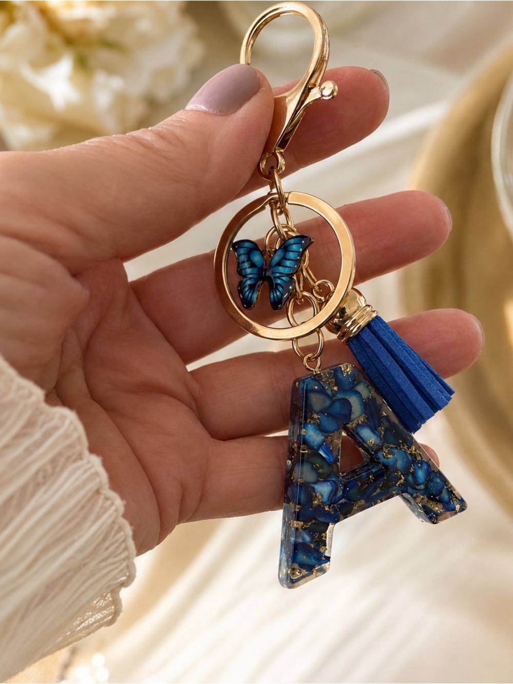 Gold Keyring with Blue Butterfly and Blue Initial A Charm